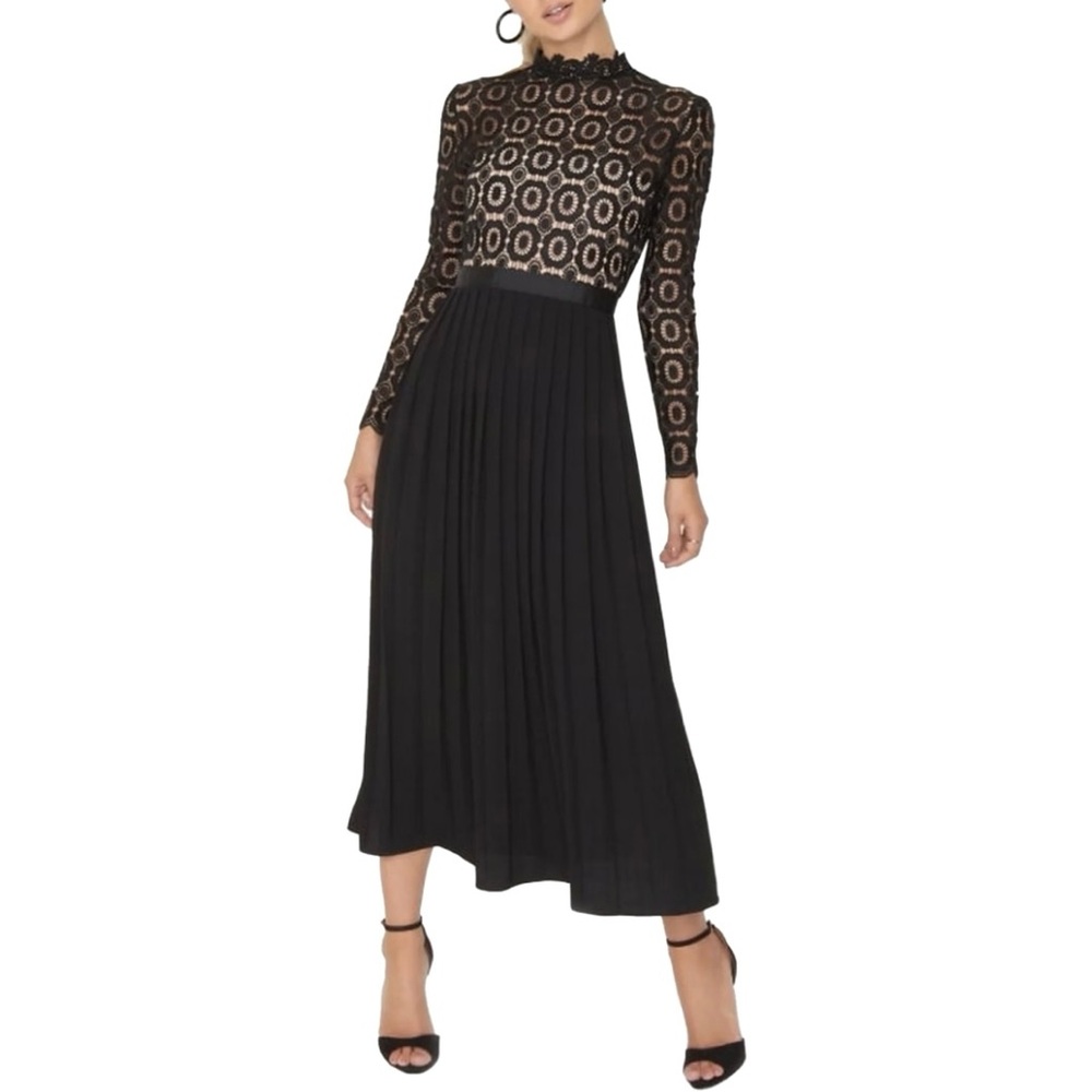 Little Mistress Alice Black High Neck Lace Top Pleated Maxi Dress